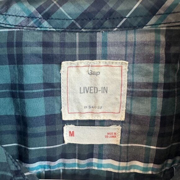 Gap "Lived In" Casual Navy Blue, White, & Green Plaid Button Down Shirt Top - Picture 3 of 5